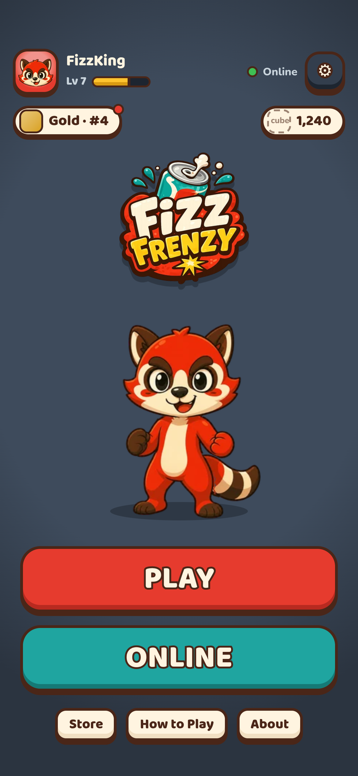 Fizz Frenzy logo above the game’s cheerful red panda character